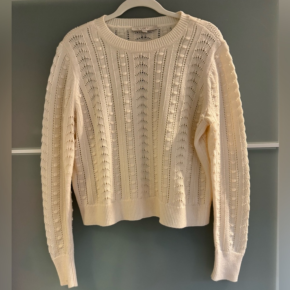 LOFT Cream Openwork Crewneck Sweater